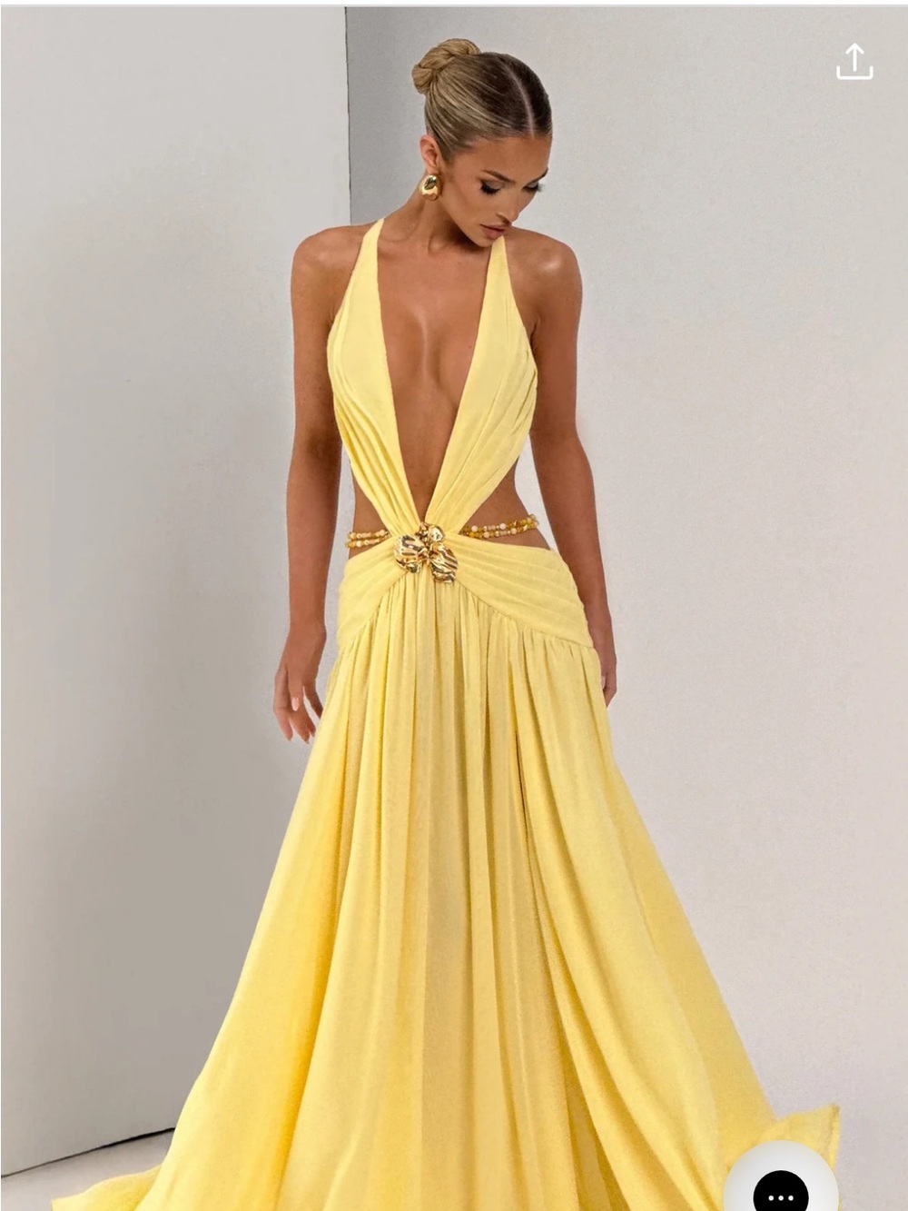 Backless Yellow Halter Maxi Dress with Crystal Waist Detail
